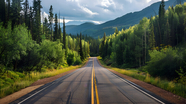 Asphalt road stretching through a lush green forest towards distant mountains under a cloudy sky