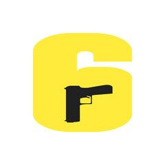 A yellow number six shape with a black pistol silhouette inside against a white background in simple design