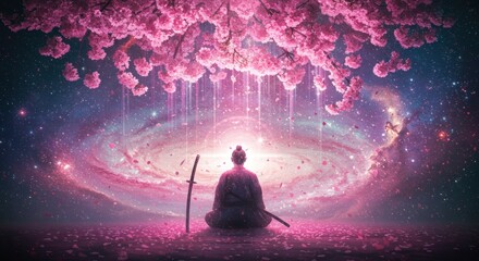 Peaceful meditation under pink cherry blossom tree
