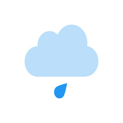 Illustration of a light blue cloud with a single blue raindrop falling from it on a white background