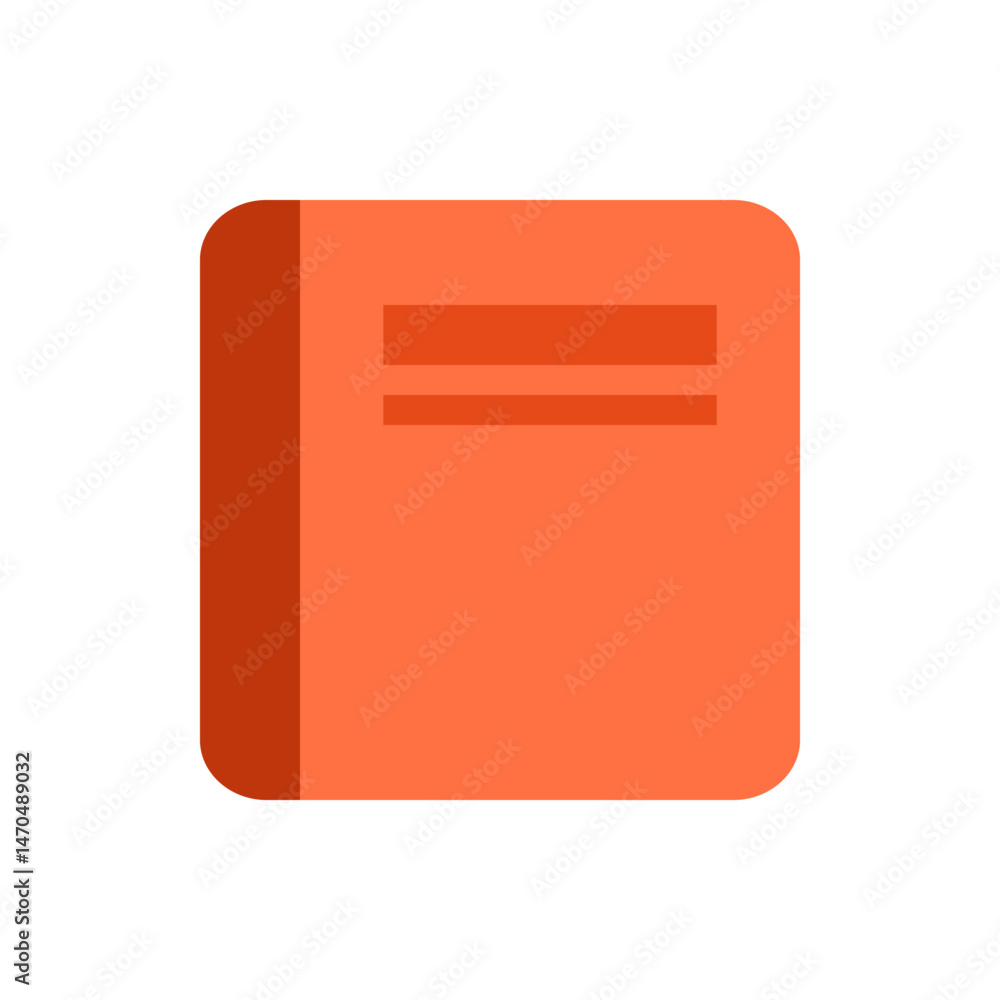 Poster illustration of a single orange book with two horizontal lines on the cover and rounded corners desi