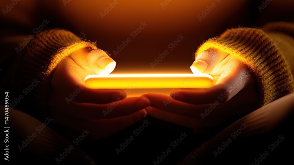 Poster a person is holding a glowing rectangular electronic device
