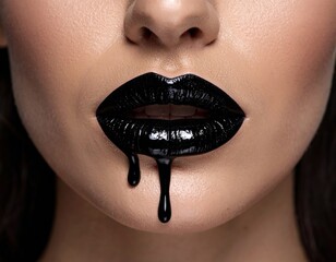 Close-up of female with dripping black lipstick on glossy lips