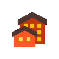 Two cartoon houses with brown roofs and glowing yellow windows in a simple geometric style illustration