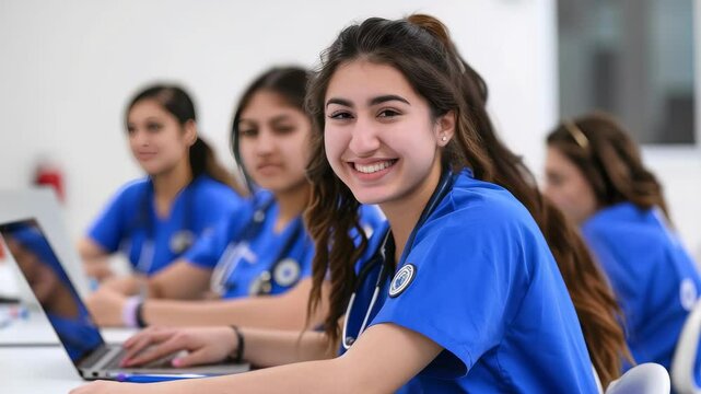Group of students in blue scrubs with stethoscopes are actively engaged with laptops in classroom. Their collaborative study setting highlights future medical professionals' dedication to learning.