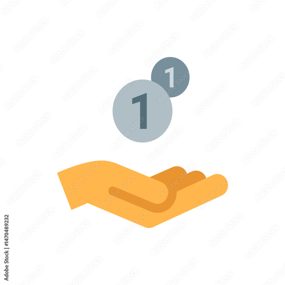 Poster hand holding two coins with the number one on them representing a small amount of money or donation 