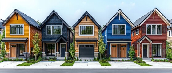 Row of colorful, two-story houses with attached garages, neatly aligned on a tree-lined street