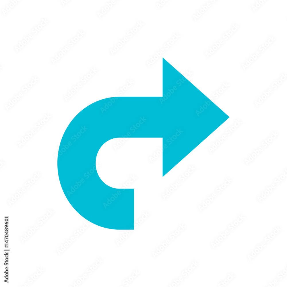 Aufkleber a bright turquoise arrow curving backwards and then pointing right on a white background in a simple
