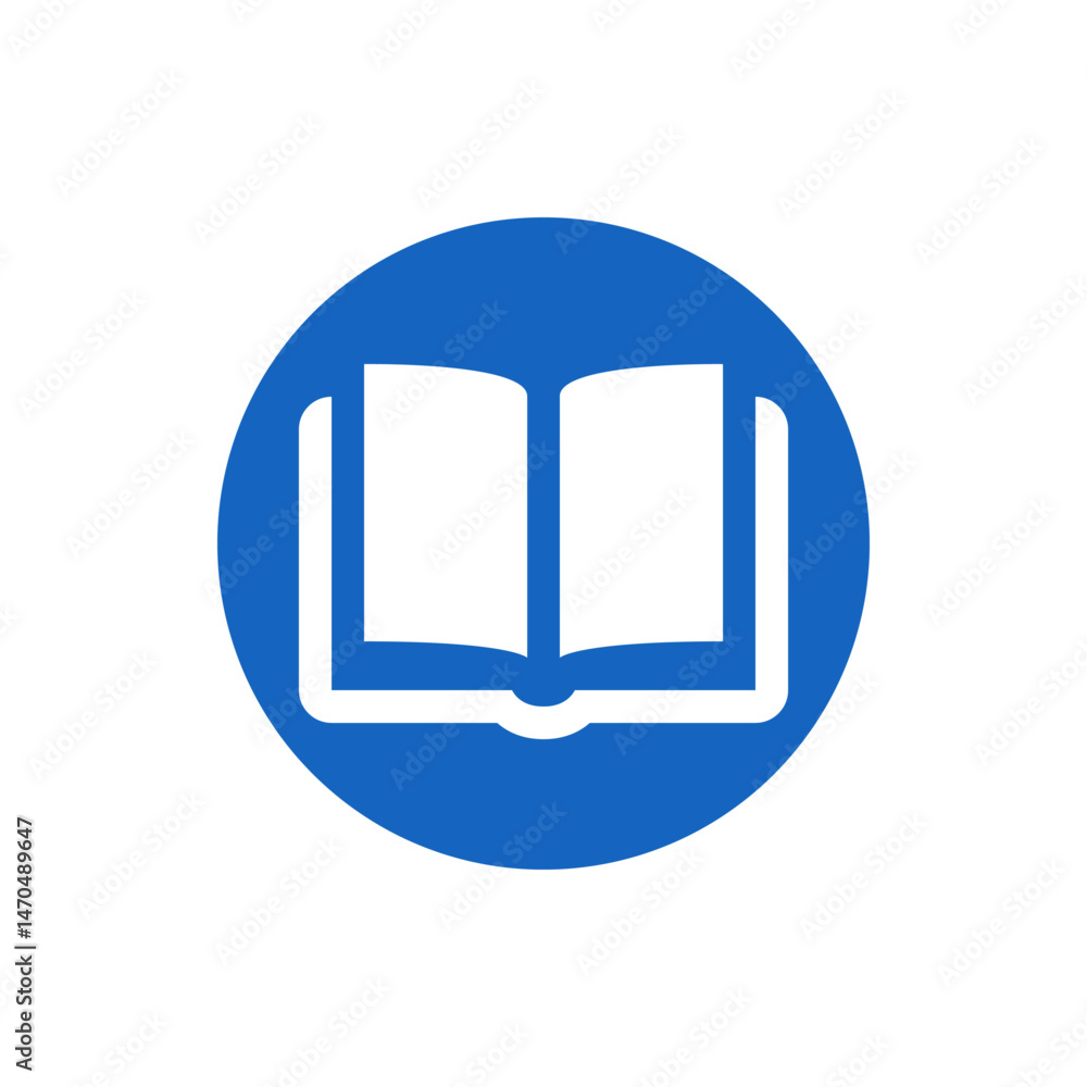 Poster open book icon on a blue circle background representing knowledge and education in a simple design