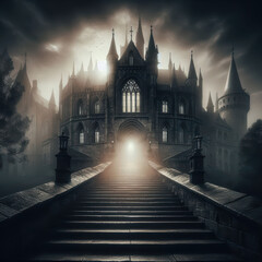 Obraz premium Mysterious castle looms over ominous staircase under eerie evening sky
