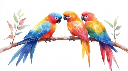 Obraz premium Colorful Parrots Isolated on White Background Watercolor Painting