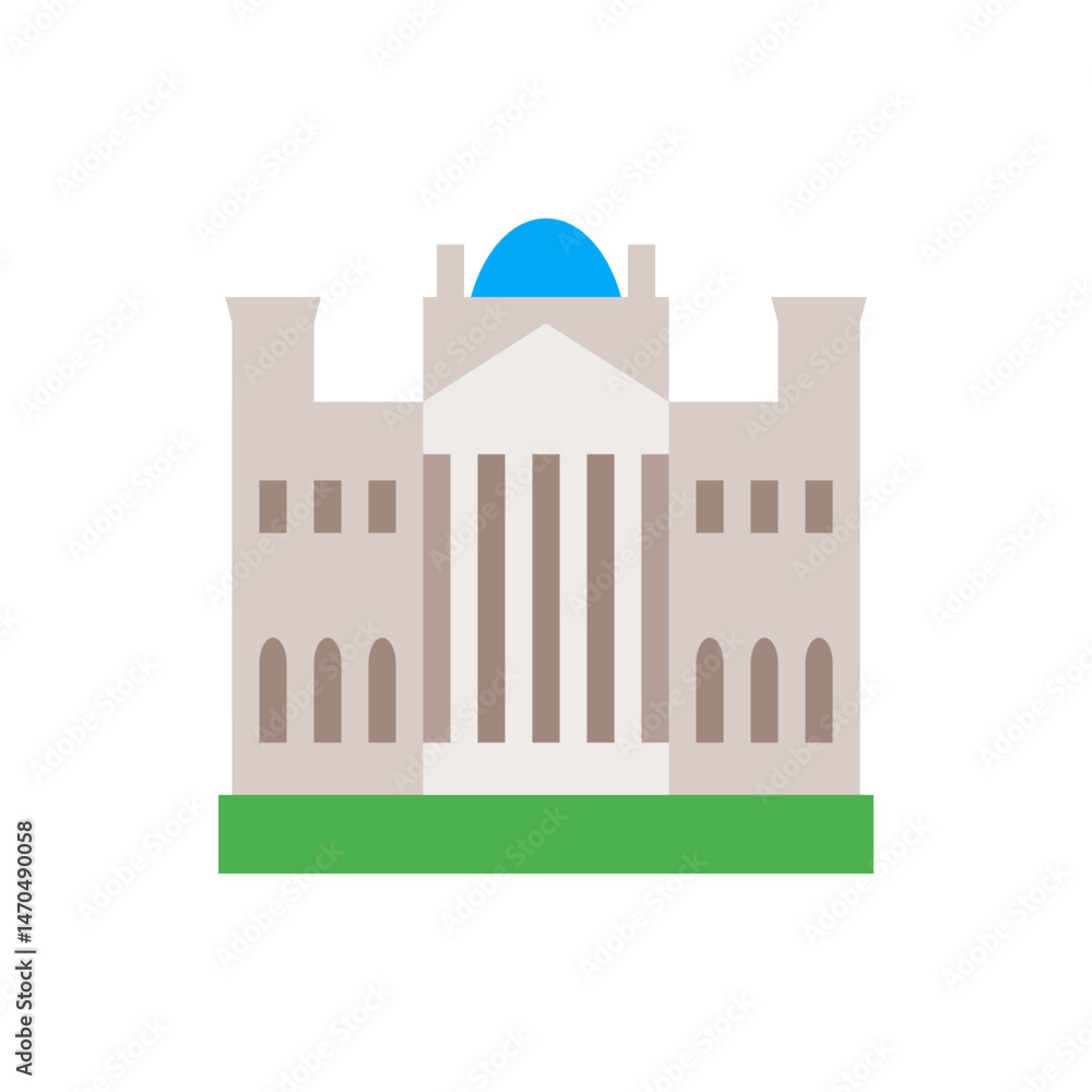 Poster illustration of a governmental building with columns and a blue dome on top of the structure design