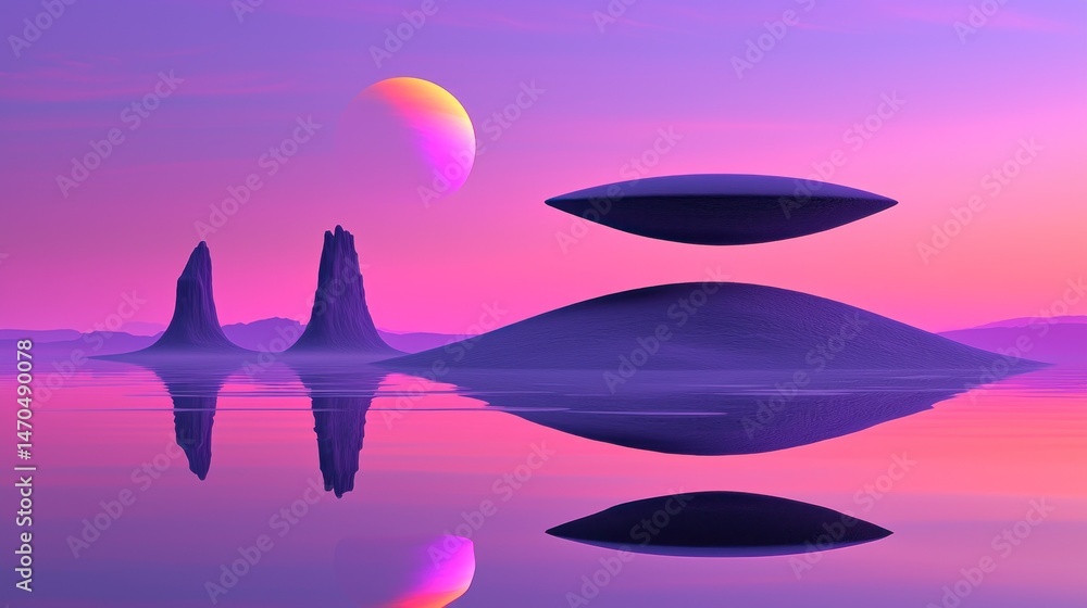 Poster Surreal landscape displaying floating objects and a vibrant celestial body