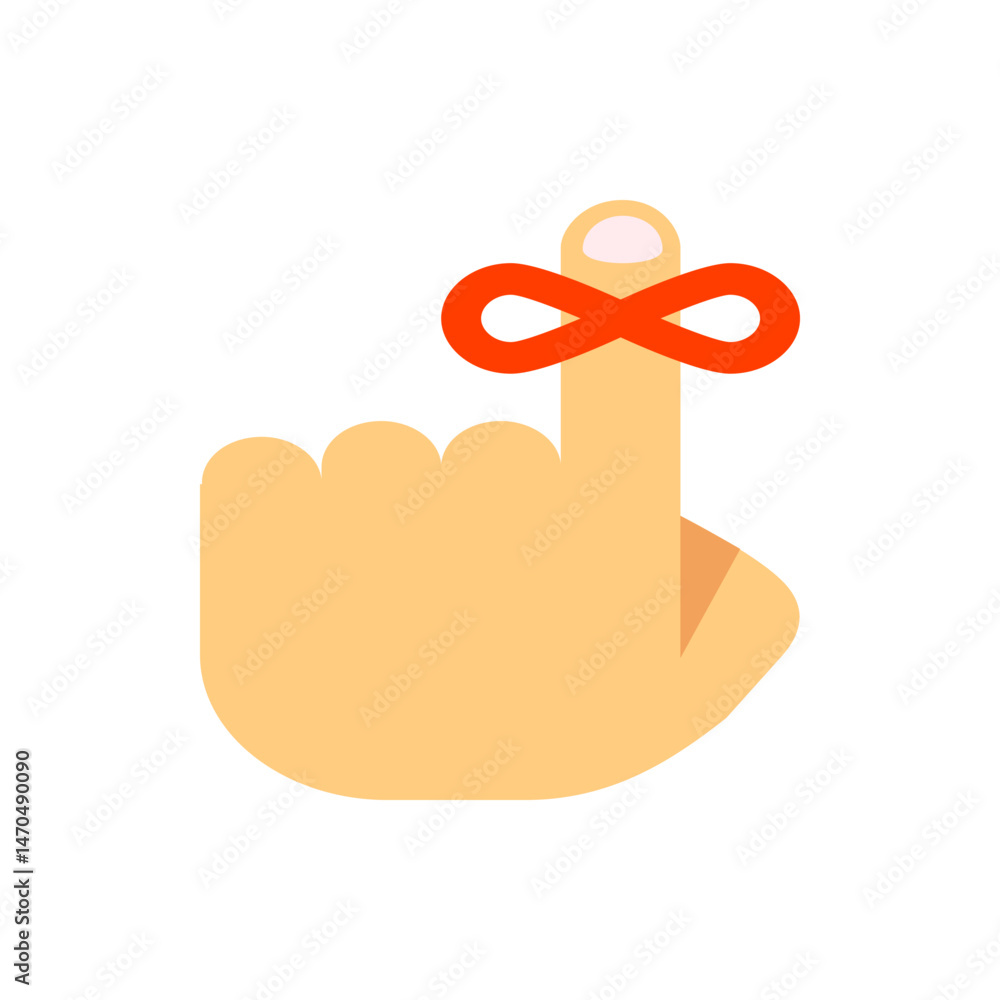 Poster illustration of a hand with a string tied around the index finger as a reminder on a white backgroun