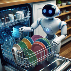 Robot organizes colorful dishes in a modern kitchen during manual dishwashing at home
