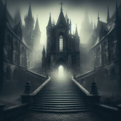 Obraz premium Majestic castle shrouded in mist with winding stairs and gothic architecture at twilight