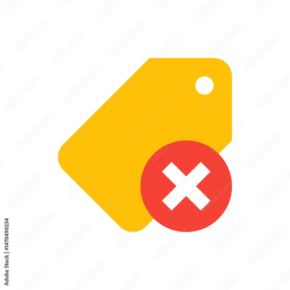 Poster a yellow price tag icon with a white circle at the top and a red circle with a white x on the bottom