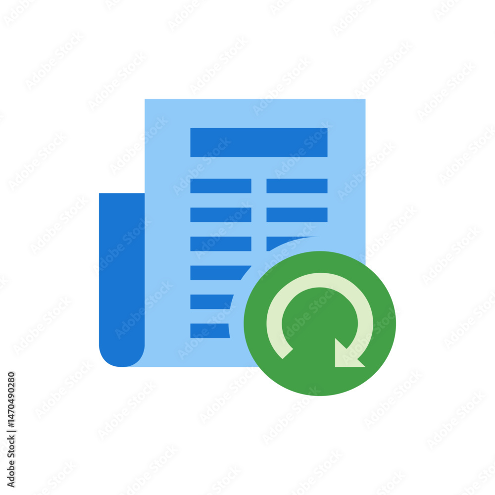 Poster blue document with lines and a green circular arrow indicating refresh or update functionality prese