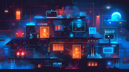 Abstract futuristic technology cityscape with neon lights and glowing lines in blue and orange hues