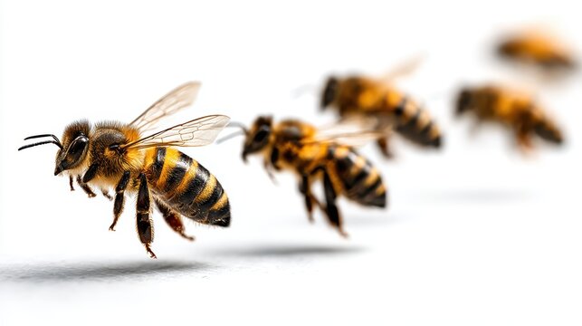 A set of bees flying in a natural pattern, isolated on a clean white background