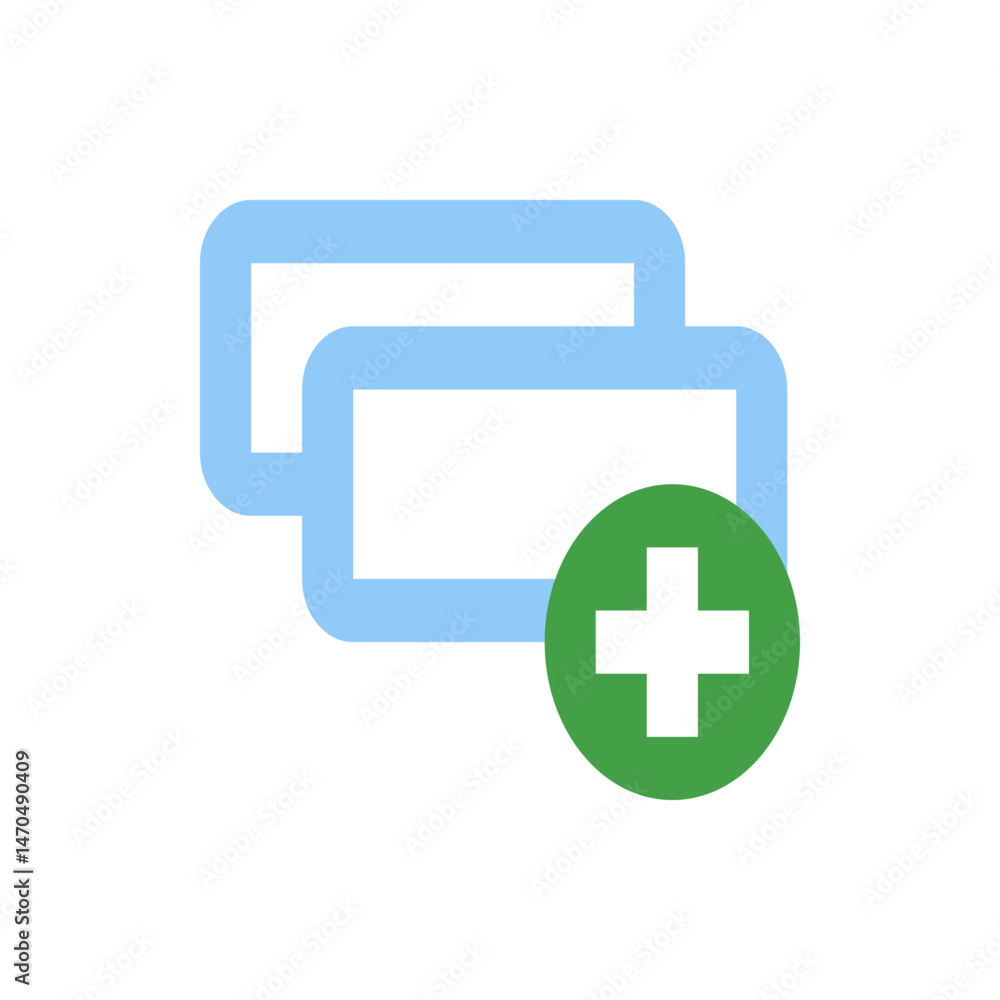 Poster two light blue outlined rectangles overlapping with a green circle and white plus sign in the bottom