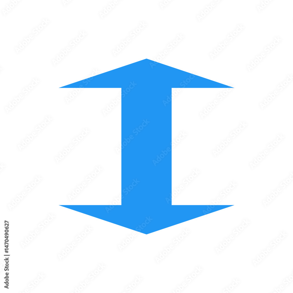 Poster a blue double headed arrow pointing both upwards and downwards on a white background is displayed he