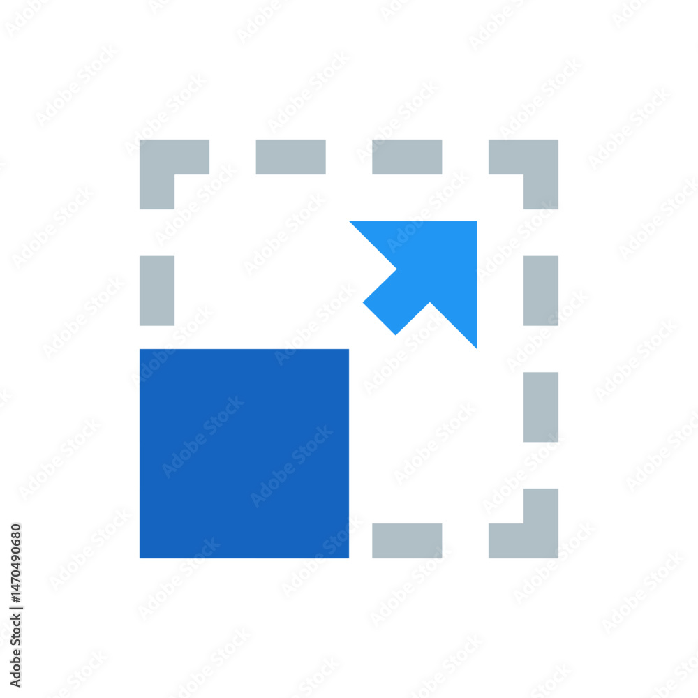 Poster blue square and arrow within a dashed square outline indicating expansion or enlargement of content 