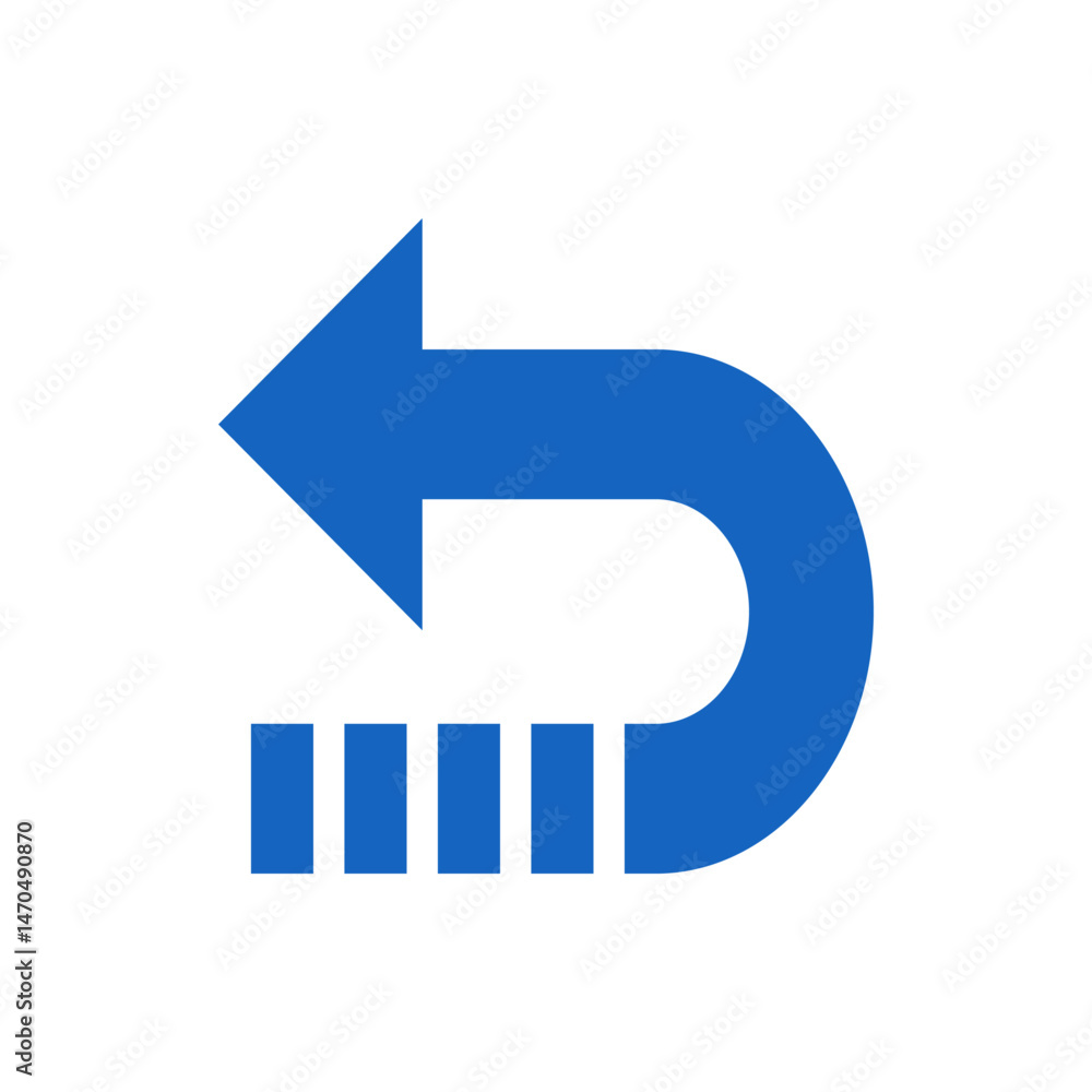 Poster blue arrow pointing left with a curved tail and a dashed line below indicating direction or navigati
