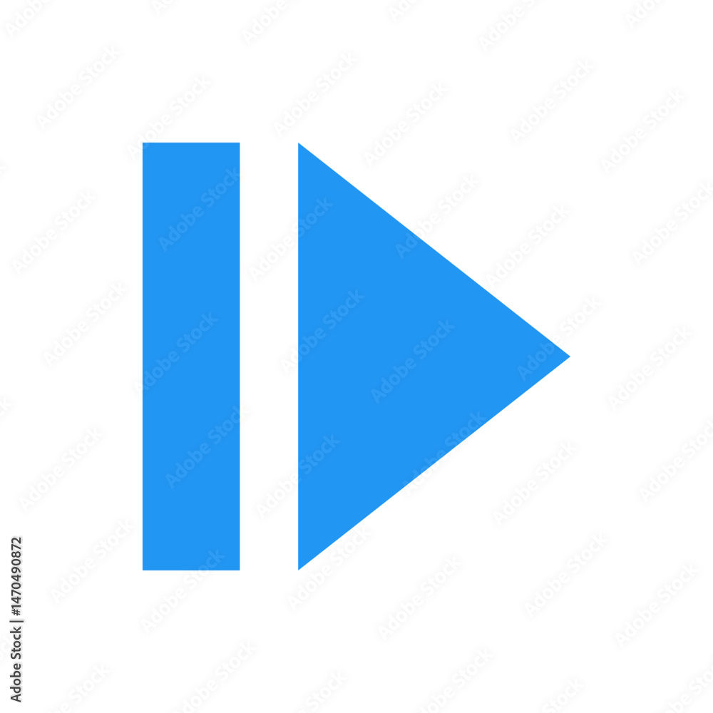 Poster illustration of a blue play button with a vertical bar on a white background in a simple graphic sty