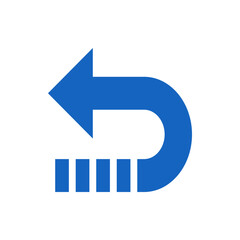 Blue arrow pointing left with a curved tail and a dashed line below indicating direction or navigation icon