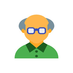 Illustration of an elderly man with glasses and a green shirt with a dark green collar design here now