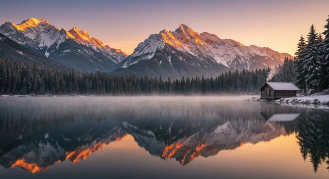 Sunrise mountain lake cabin winter landscape peaceful nature scene