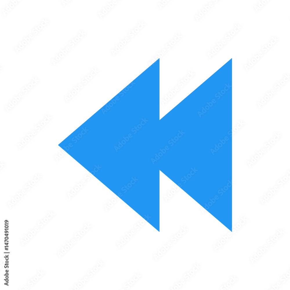 Poster two blue arrowheads pointing left indicating rewind or back function on a white background design ic