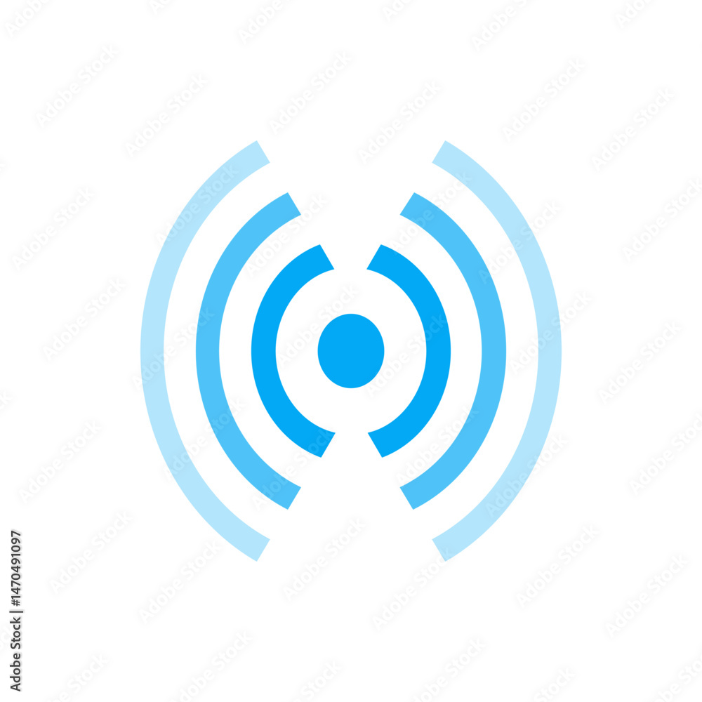 Poster illustration of a blue wifi signal icon with concentric circles emanating from a central point desig
