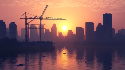 Fototapeta premium Urban sunset scene with cranes and water reflections high resolution picture