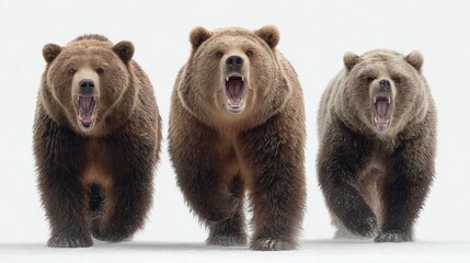 A set of grizzly brown bears roaring, showcasing power, isolated on a white background