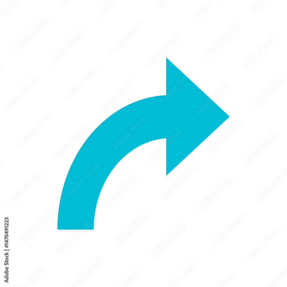 Poster a curved cyan arrow pointing to the right on a white background indicating direction and movement fo