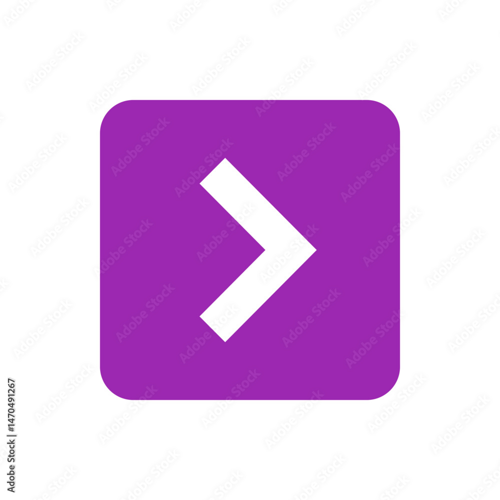 Poster white right arrow inside a rounded purple square, simple navigation icon with forward direction indi