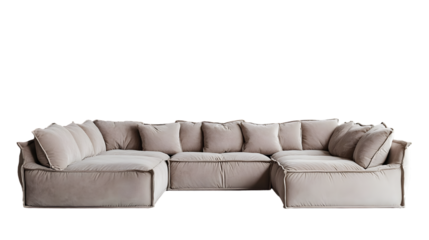 Beige modular sectional sofa, plush velvet upholstery, comfortable seating for lounging and relaxation