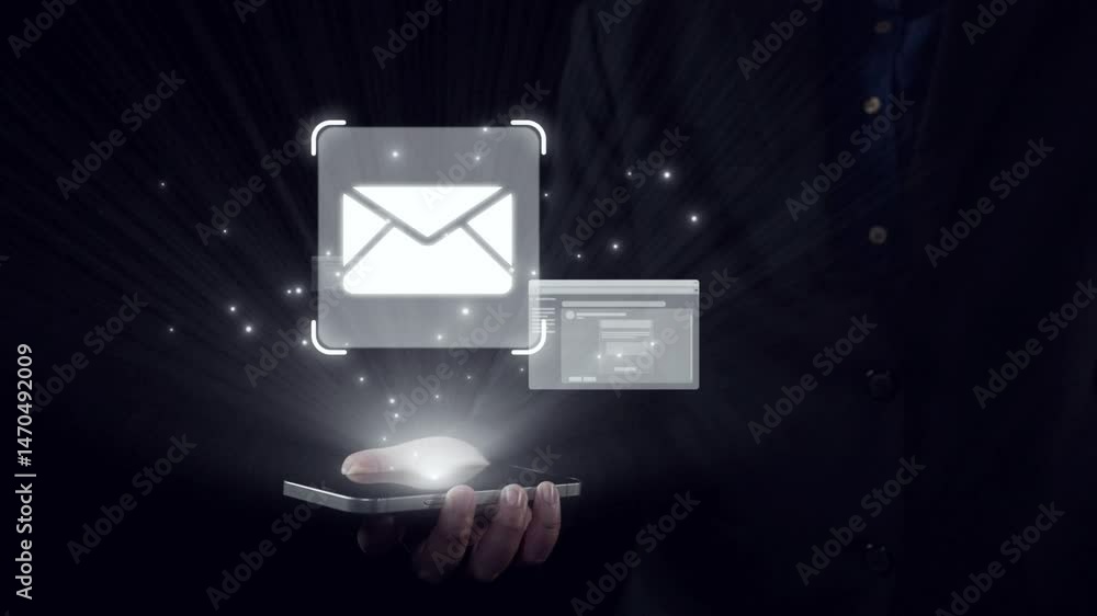 Poster business person checking email inbox, organizing and prioritizing messages for better productivity. 