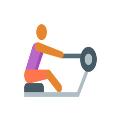 Person using a rowing machine with orange head and arms, purple shirt and orange shorts in a gym setting