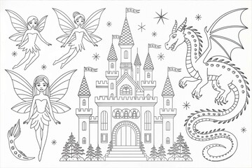 Fantasy line drawing featuring fairies, a castle, and a dragon