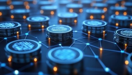 Abstract digital tokens connected by a network.  Complex data layered on circular objects