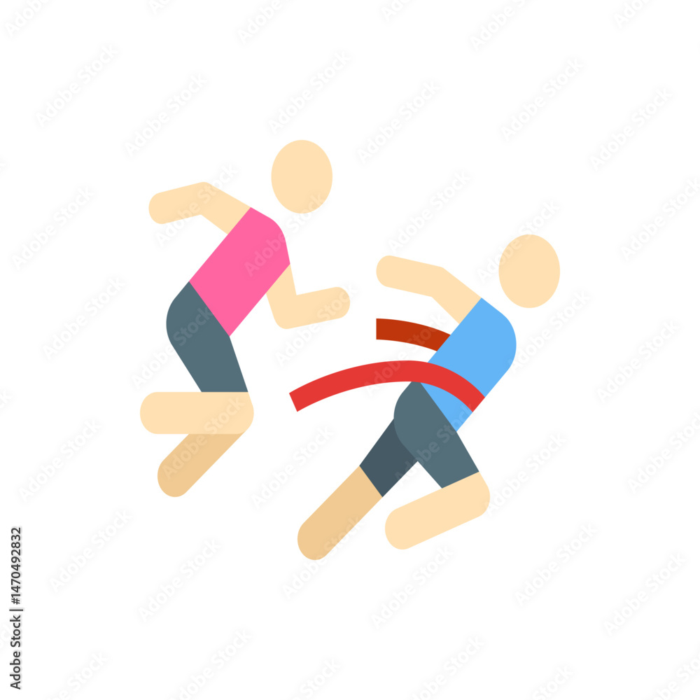 Poster two stylized runners in a race with one breaking the finish line tape in a minimalist vector graphic