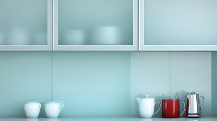 Modern kitchen cabinets, utensils, teal backsplash