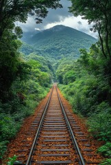 Fototapeta premium Lush forest railway track disappearing into a mountain range