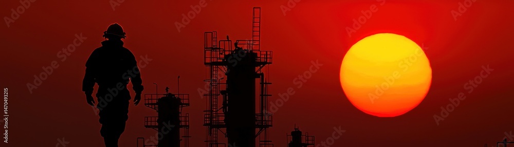 Poster silhouette of a worker walking towards the setting sun at dusk
