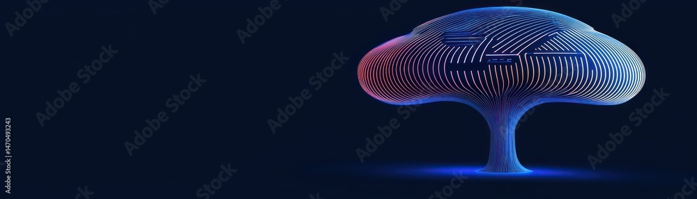 Poster a stylized abstract tree made of neon blue and red lines