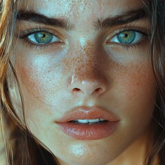 Close-up of freckled woman with wet skin and green eyes