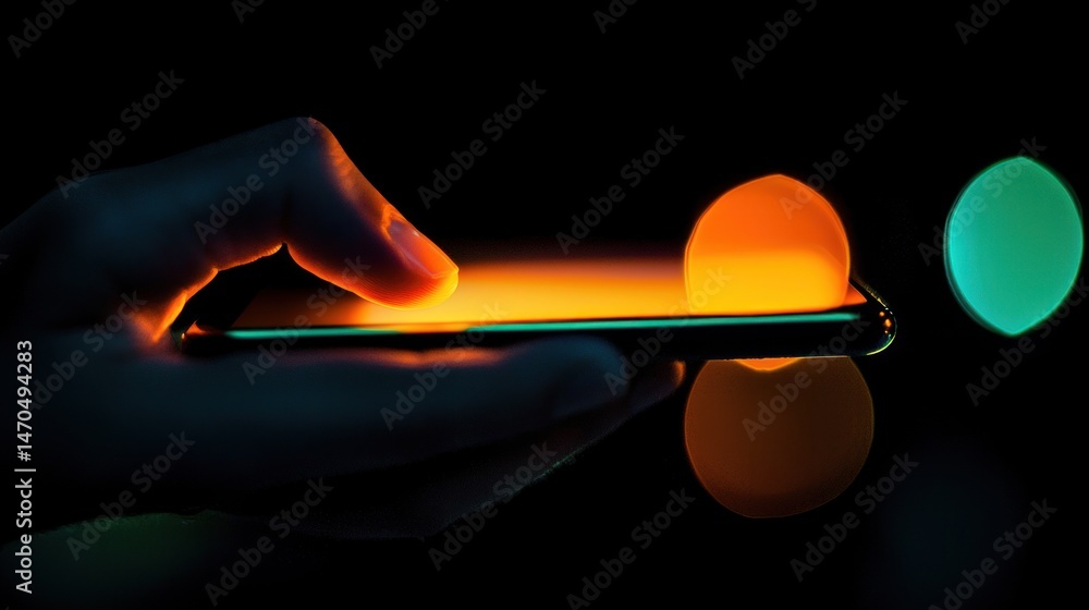 Poster a hand interacting with a glowing screen in dark conditions